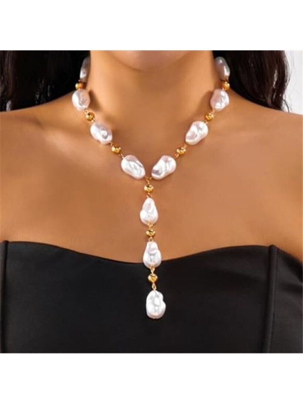 Gold Baroque Pearl Layered Necklace Set Irregular Beaded Y-Choker